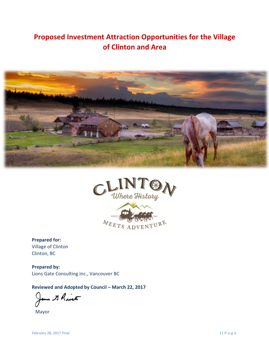 Proposed Investment Attraction Opportunities for the Village of Clinton and Area