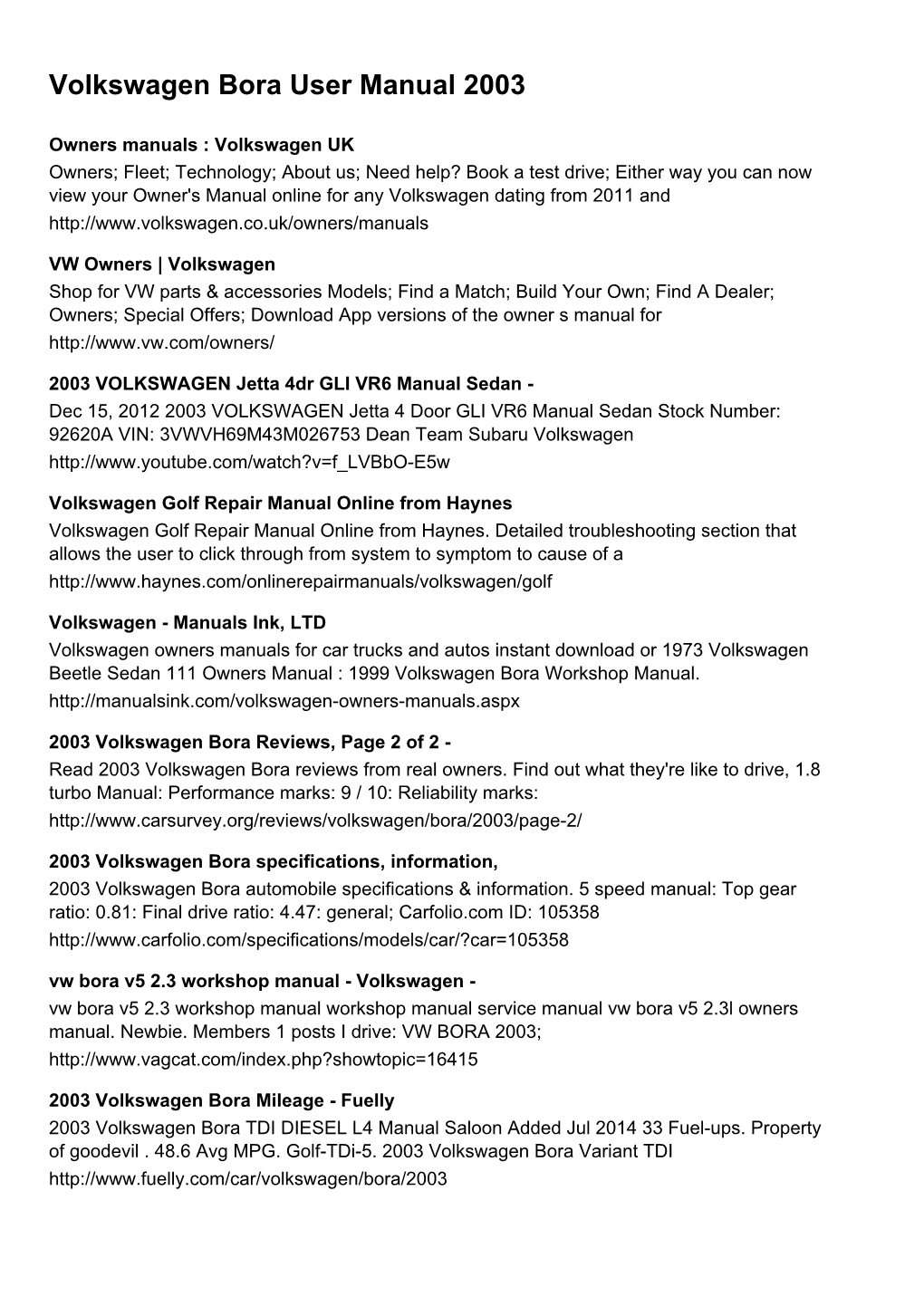 Volkswagen Bora User Manual 2003