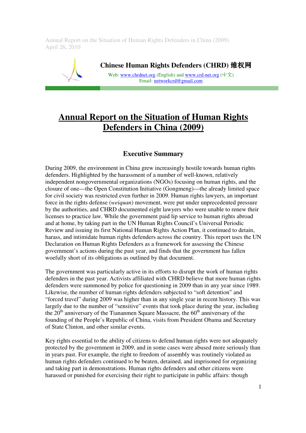 Annual Report on the Situation of Human Rights Defenders in China (2009) April 26, 2010