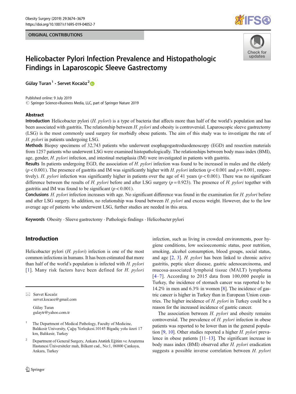 Helicobacter Pylori Infection Prevalence and Histopathologic Findings in Laparoscopic Sleeve Gastrectomy