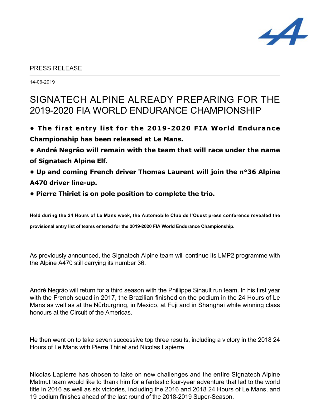Signatech Alpine Already Preparing for the 2019­2020 Fia World Endurance Championship