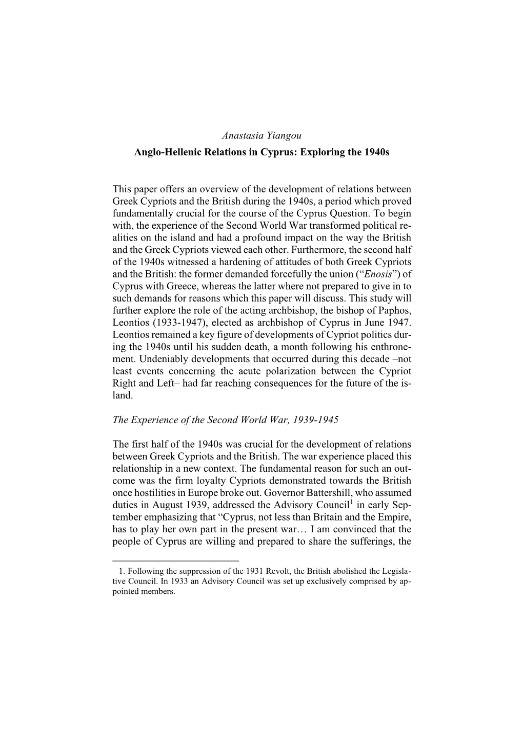 Anastasia Yiangou Anglo-Hellenic Relations in Cyprus: Exploring the 1940S