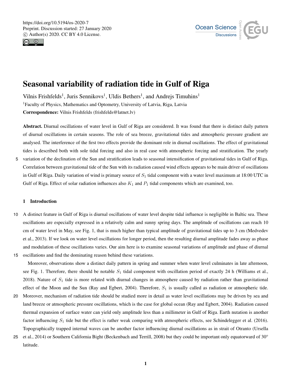 Seasonal Variability of Radiation Tide in Gulf of Riga