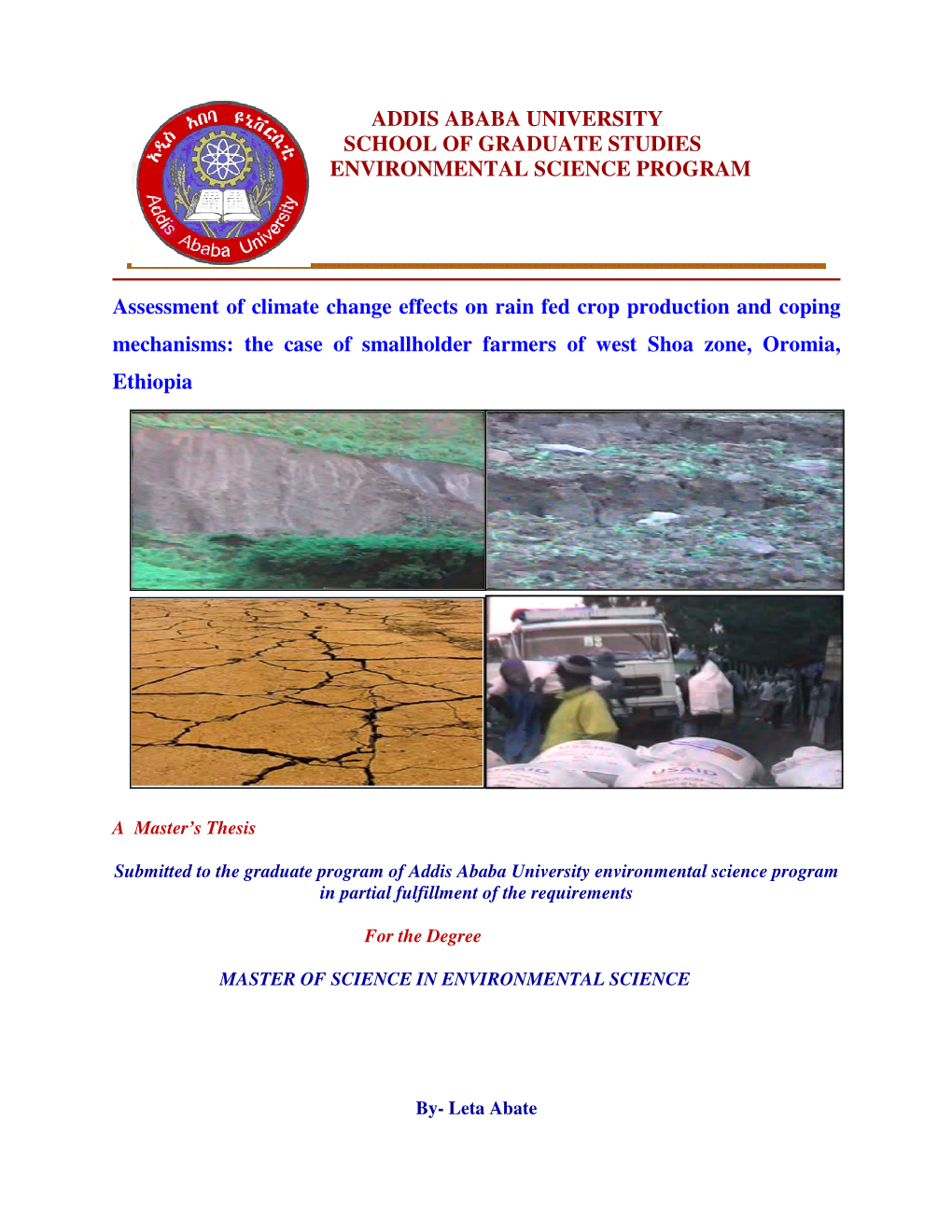 Addis Ababa University School of Graduate Studies Environmental Science Program