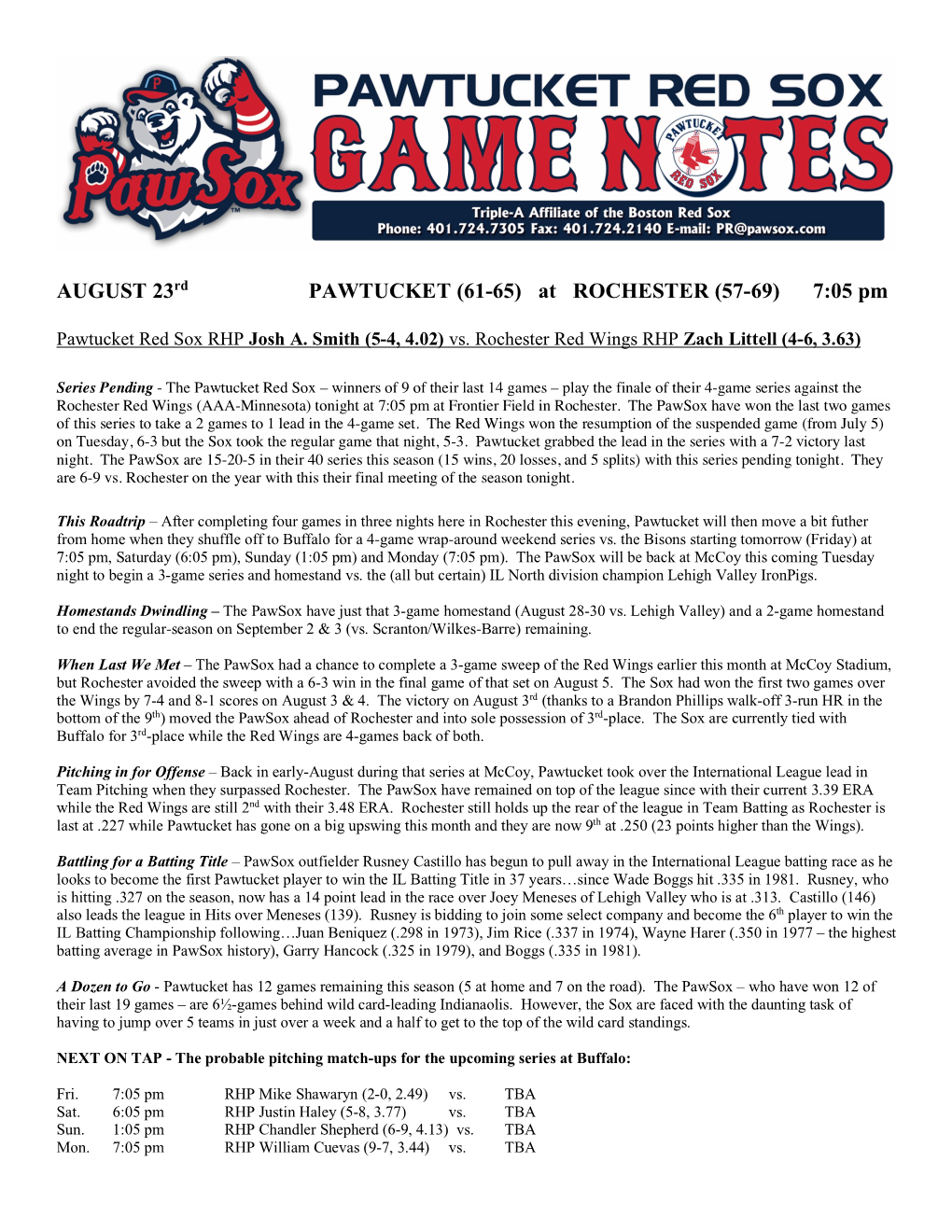 AUGUST 23Rd PAWTUCKET (61-65) at ROCHESTER (57-69) 7:05 Pm