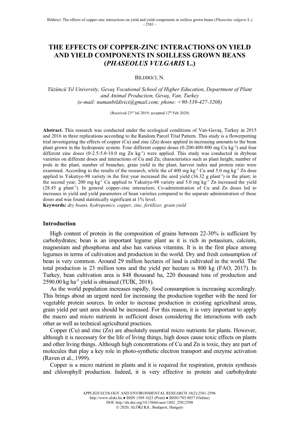 The Effects of Copper-Zinc Interactions on Yield and Yield Components in Soilless Grown Beans (Phaseolus Vulgaris L.) - 2581