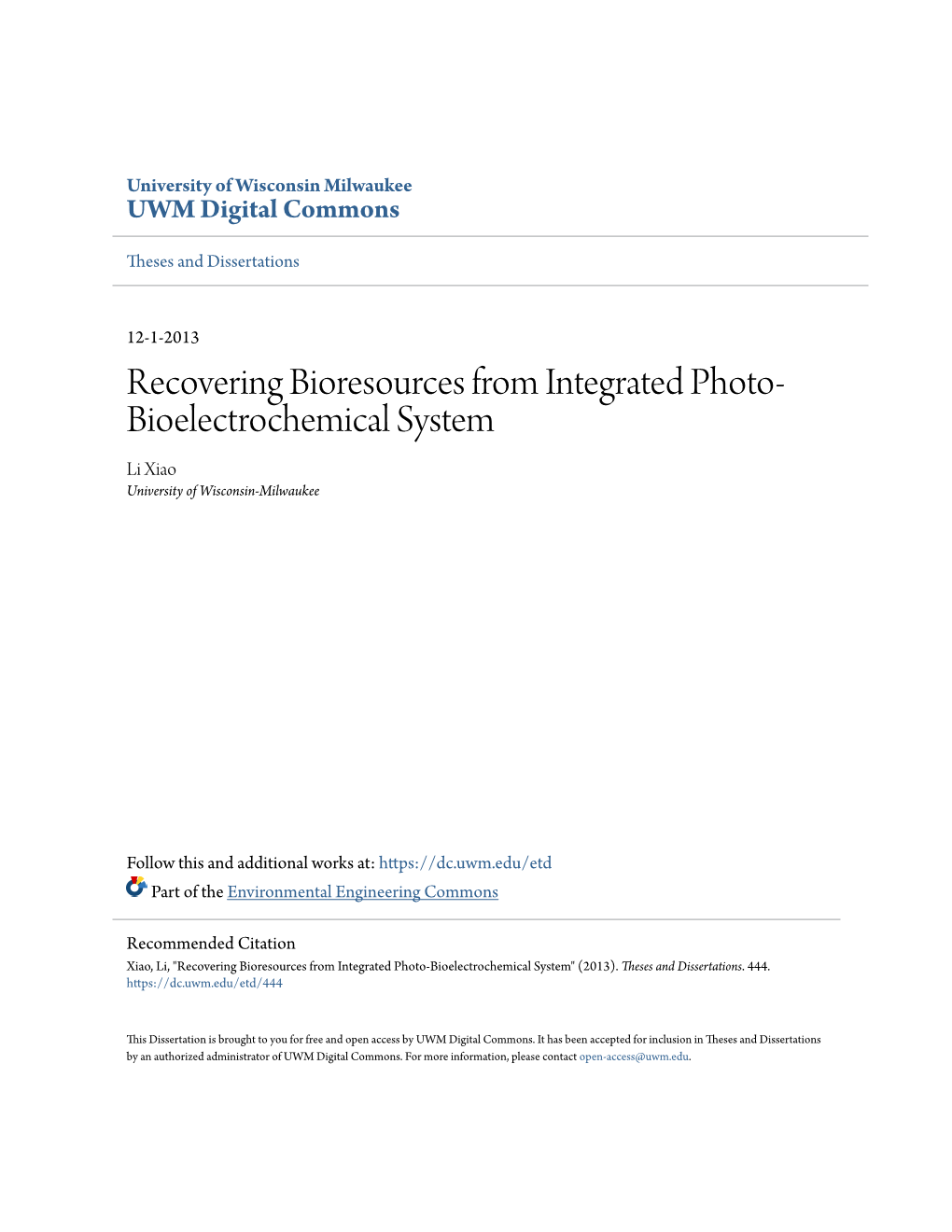 Recovering Bioresources from Integrated Photo-Bioelectrochemical System" (2013)