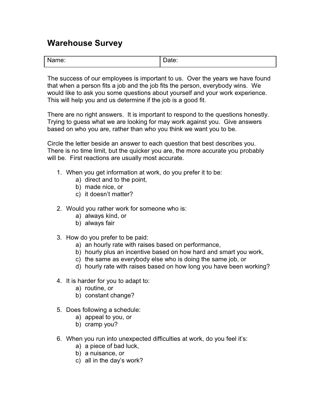 Warehouse Survey