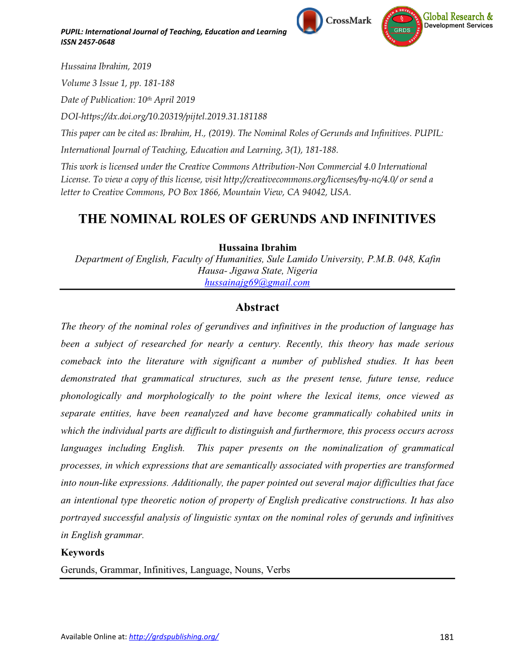 The Nominal Roles of Gerunds and Infinitives