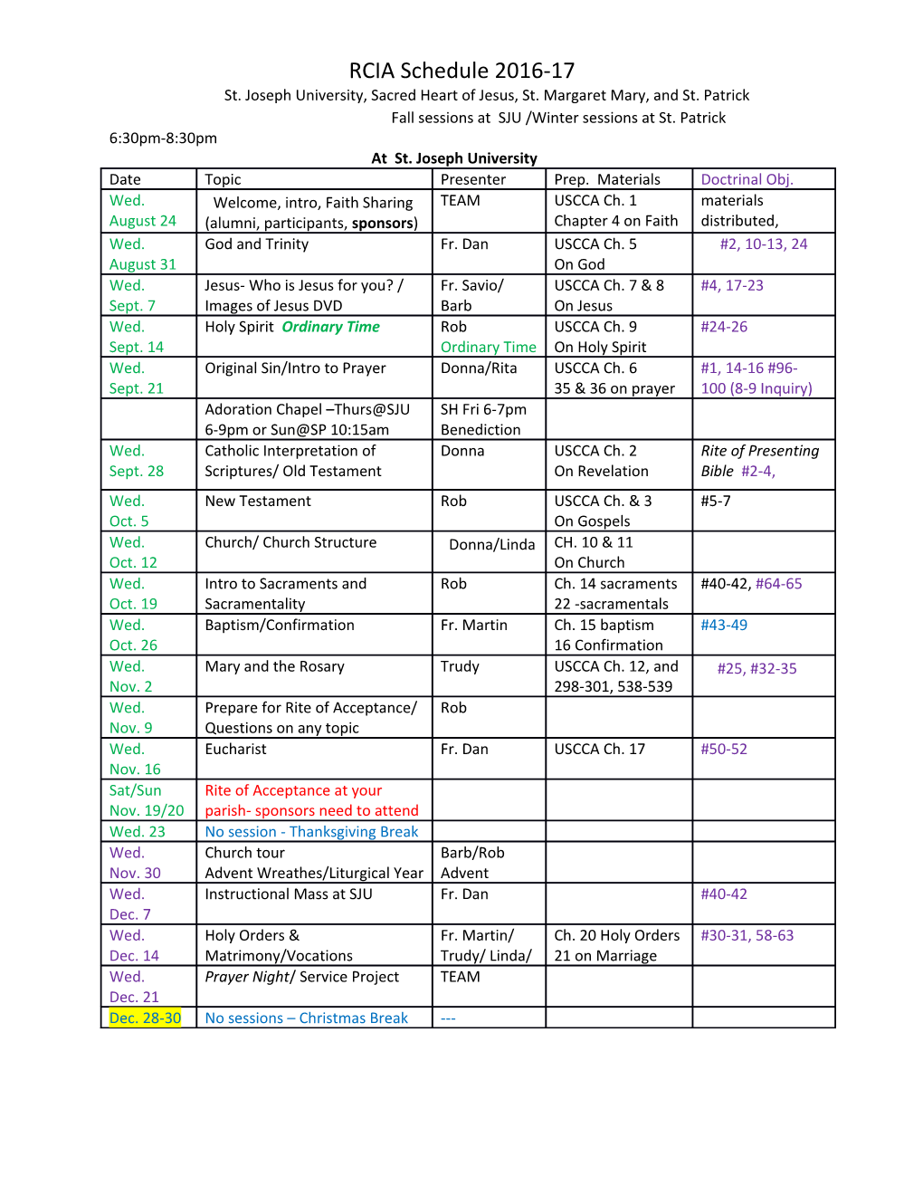 RCIA Schedule 2016-17