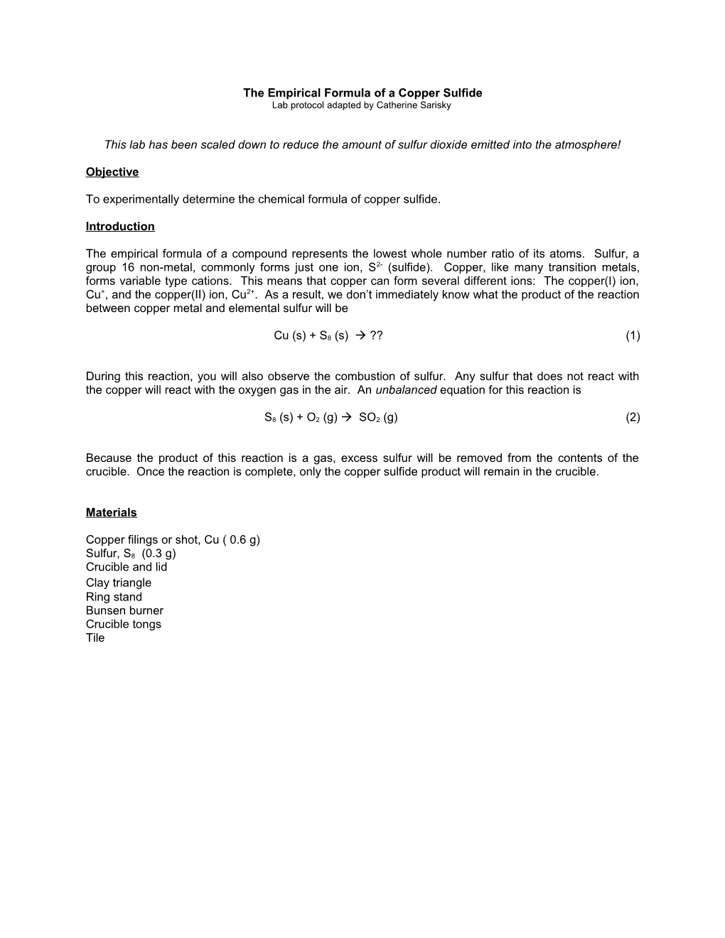 The Empirical Formula of a Copper Sulfide