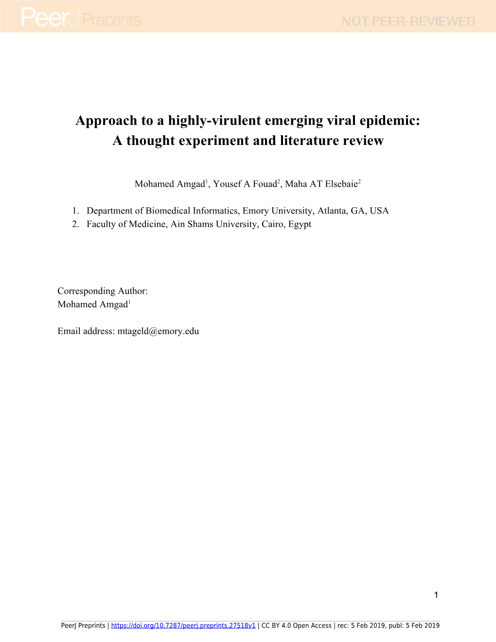 Approach to a Highly-Virulent Emerging Viral Epidemic: a Thought Experiment and Literature Review