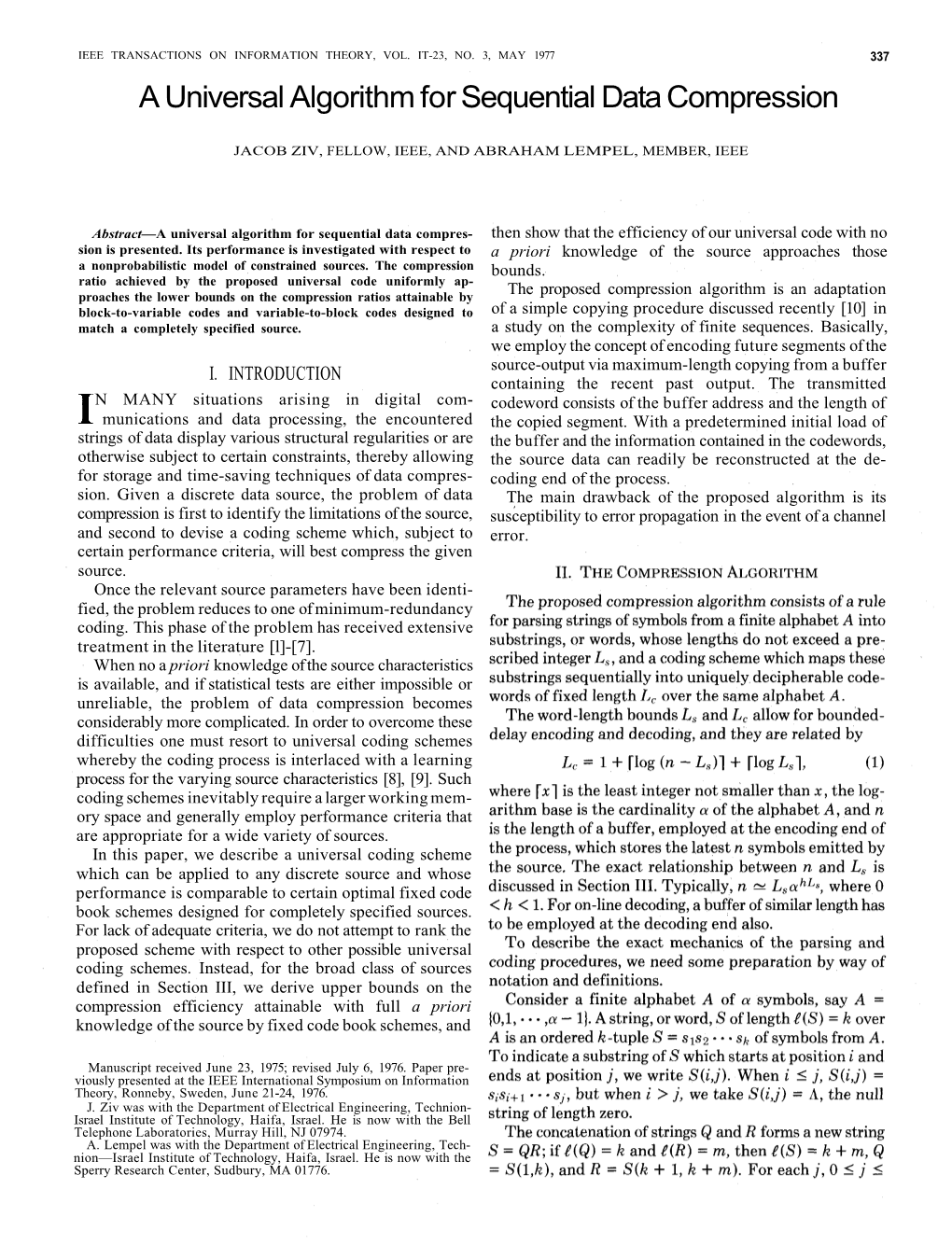 A Universal Algorithm for Sequential Data Compression