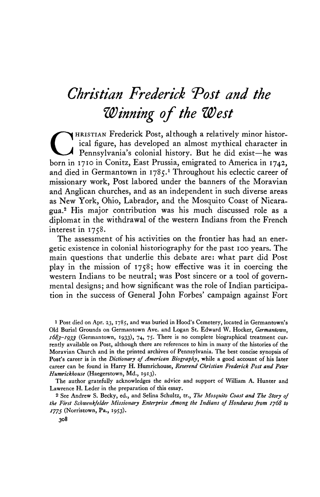 Christian Frederick "Post and the Winning of the West