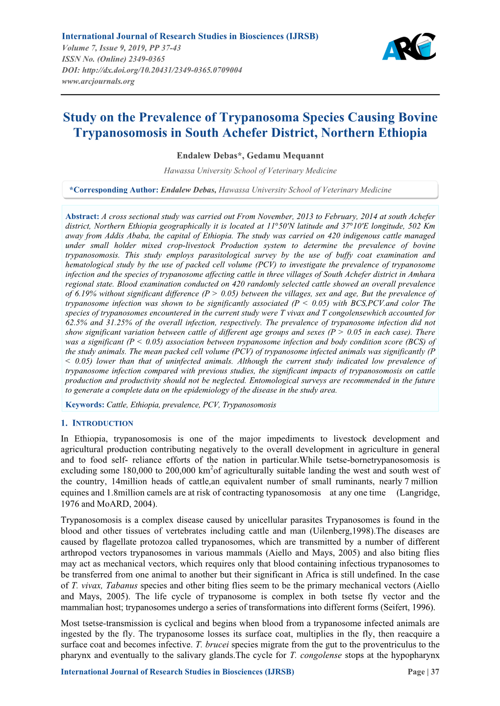 Study on the Prevalence of Trypanosoma Species Causing Bovine Trypanosomosis in South Achefer District, Northern Ethiopia