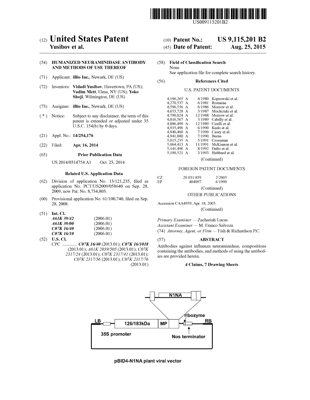 (12) United States Patent (10) Patent No.: US 9,115.201 B2 Yusibov Et Al