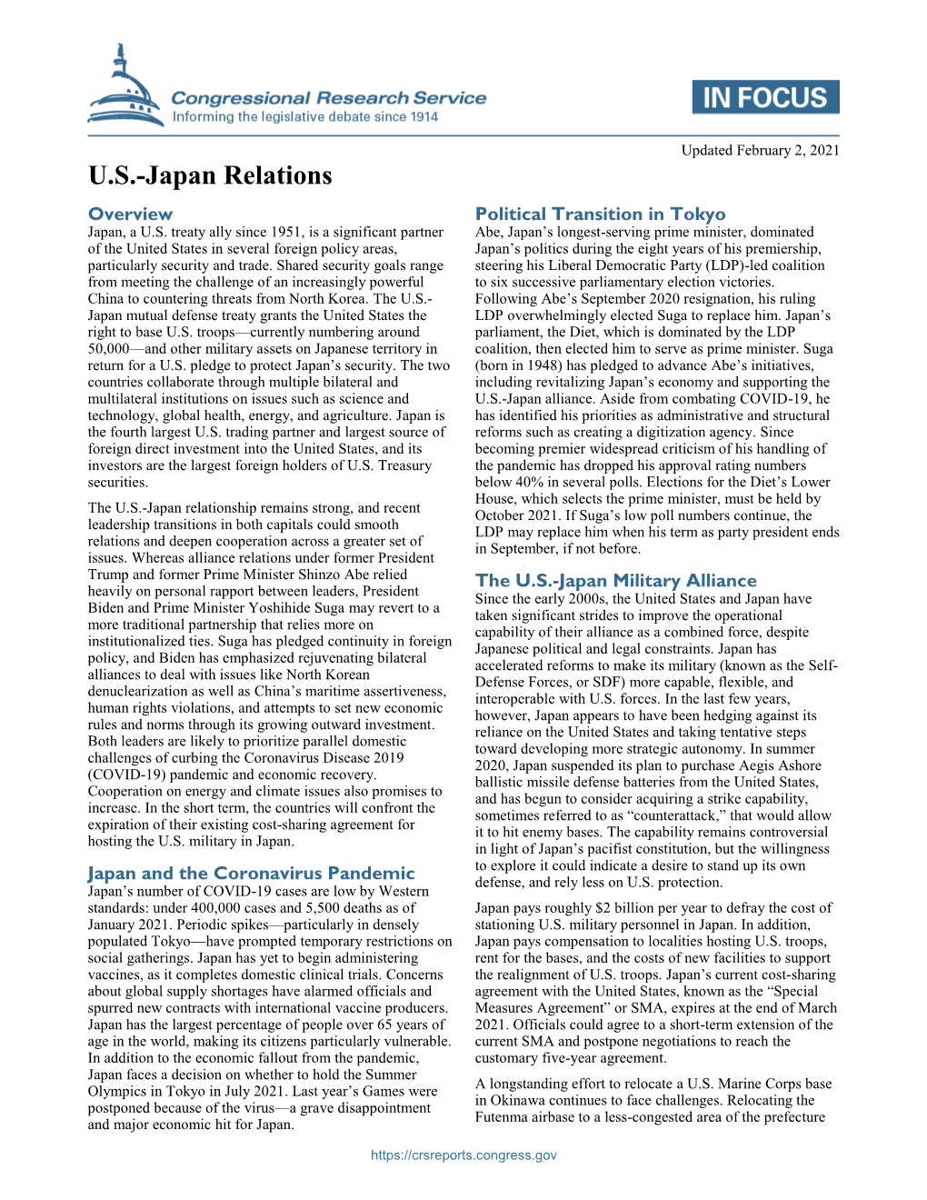 U.S.-Japan Relations Overview Political Transition in Tokyo Japan, a U.S