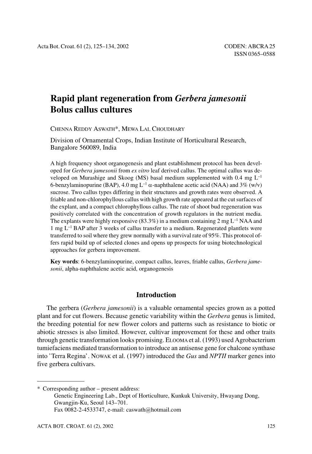 Rapid Plant Regeneration from Gerbera Jamesonii Bolus Callus Cultures