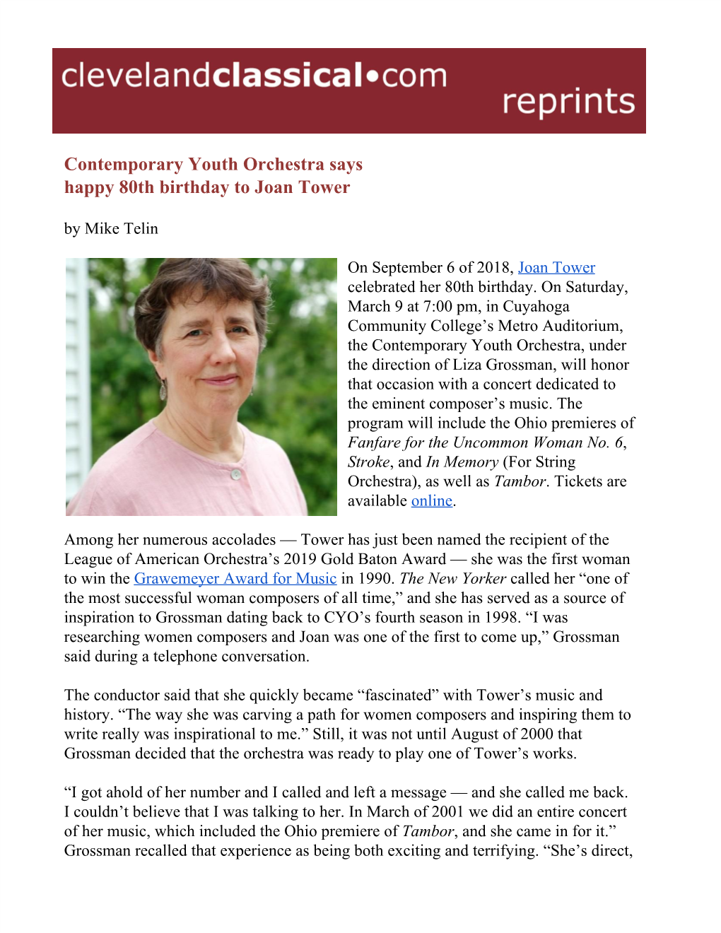 Contemporary Youth Orchestra Says Happy 80Th Birthday to Joan Tower by Mike Telin