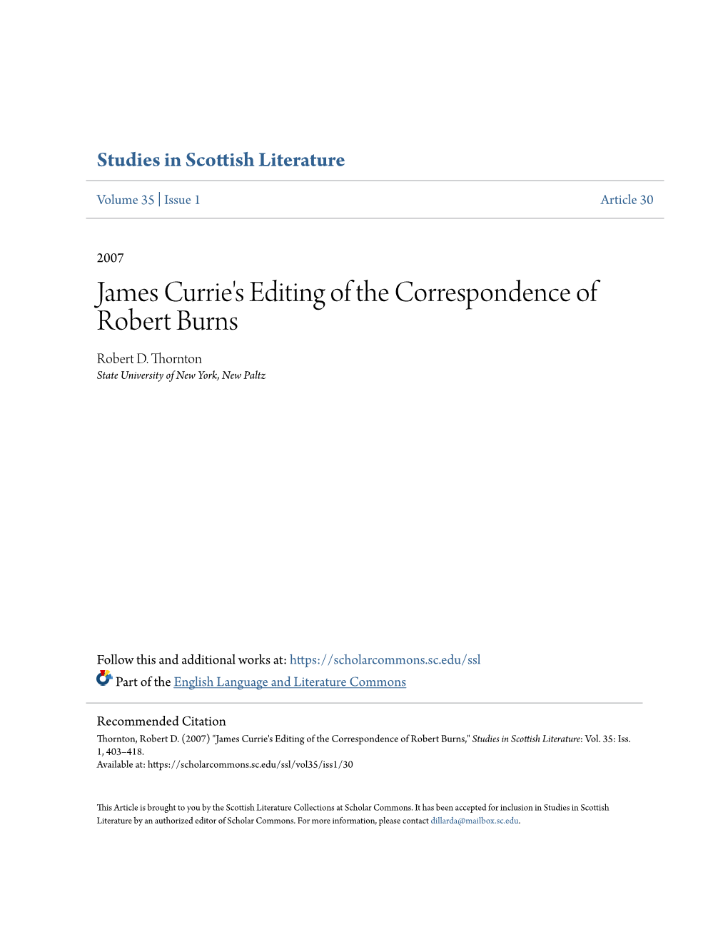 James Currie's Editing of the Correspondence of Robert Burns Robert D