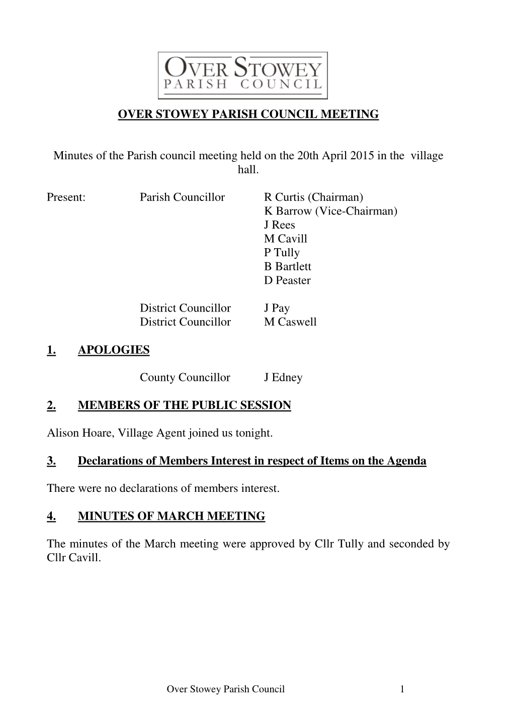 OVER STOWEY PARISH COUNCIL MEETING Minutes of the Parish