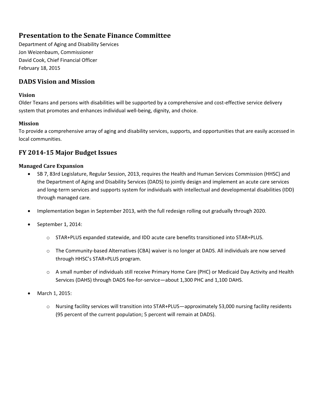 Presentation to the Senate Finance Committee, Feb. 18, 2015