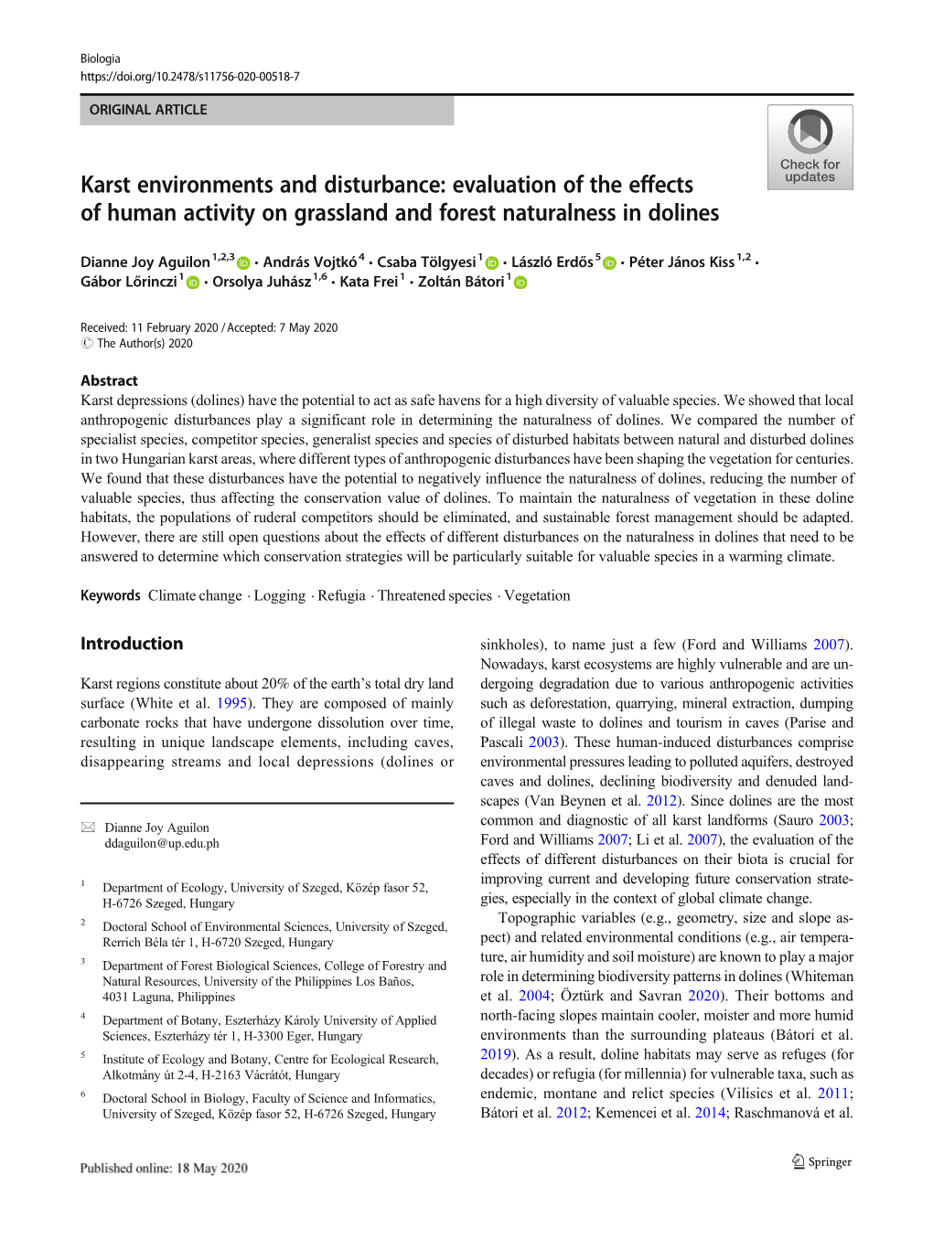 Karst Environments and Disturbance: Evaluation of the Effects of Human Activity on Grassland and Forest Naturalness in Dolines