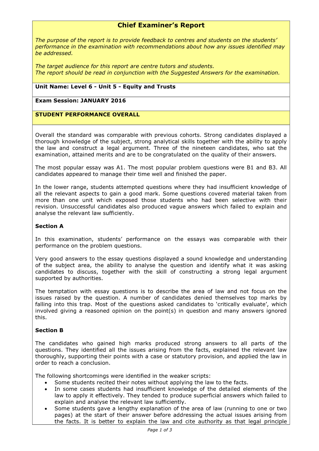 Chief Examiners' Evaluation Report Form