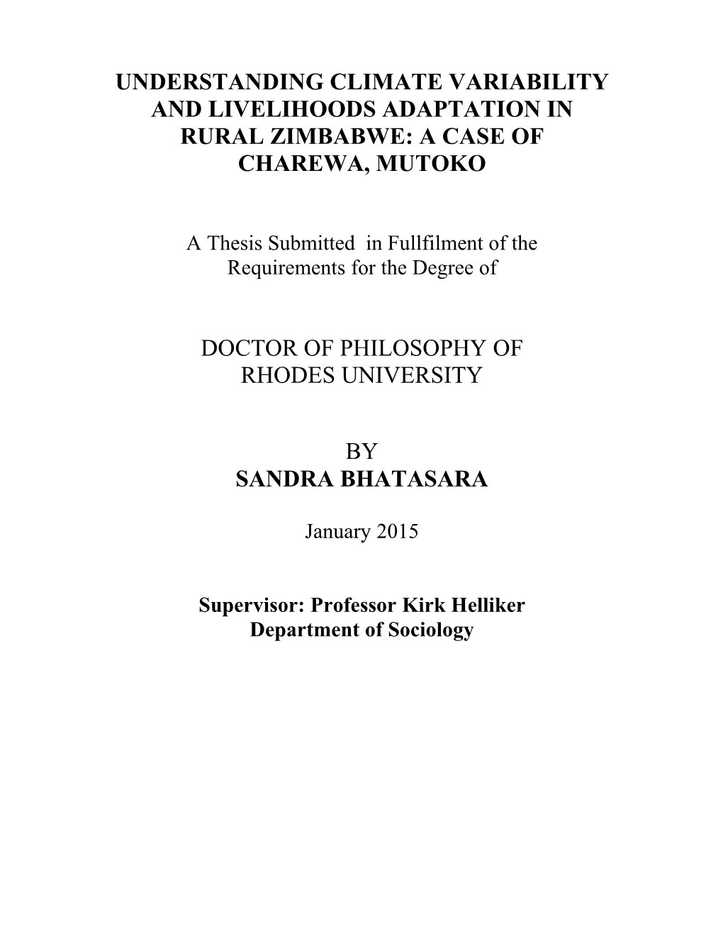 Understanding Climate Variability and Livelihoods Adaptation in Rural Zimbabwe: a Case of Charewa, Mutoko