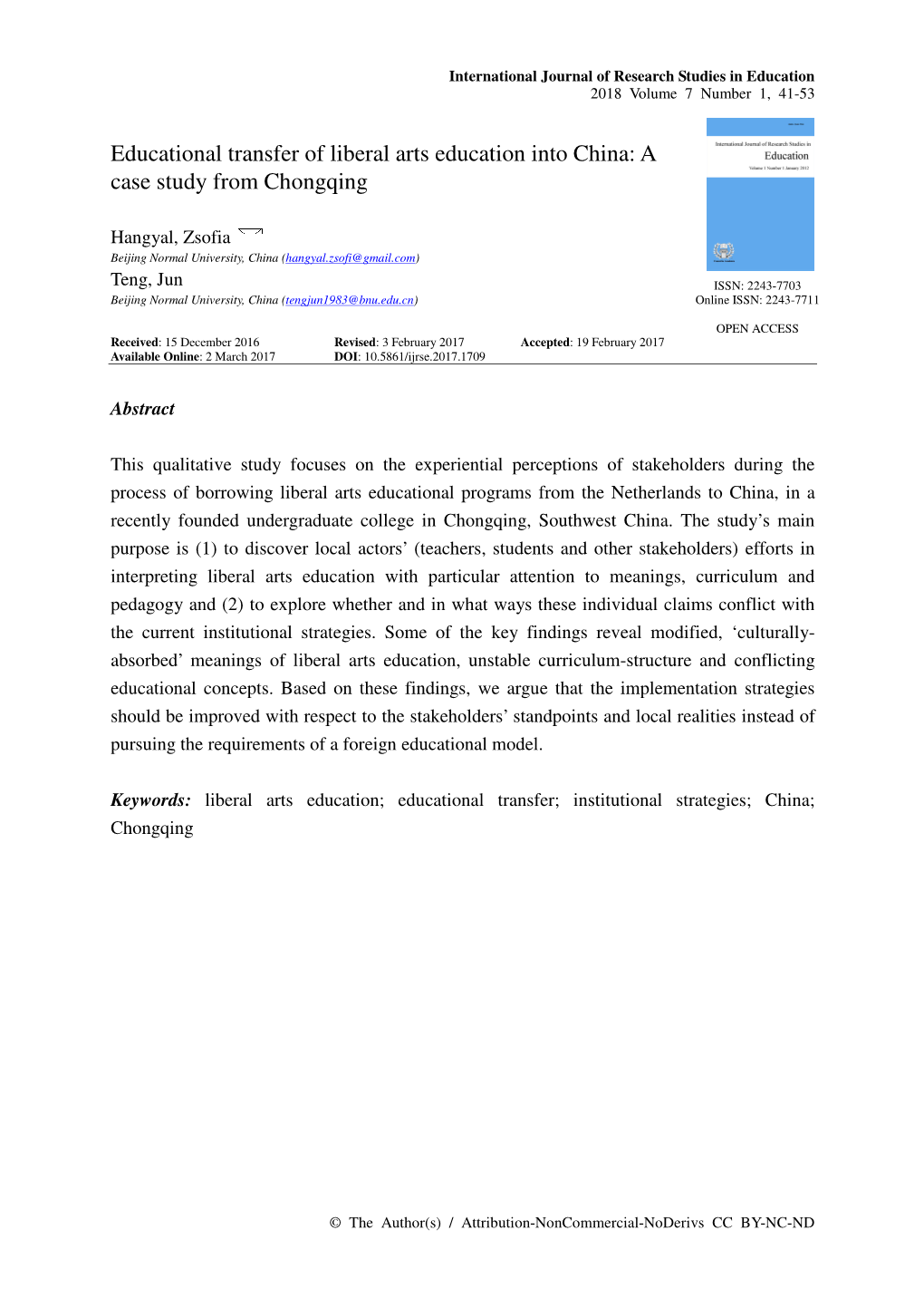 Educational Transfer of Liberal Arts Education Into China: a Case Study from Chongqing