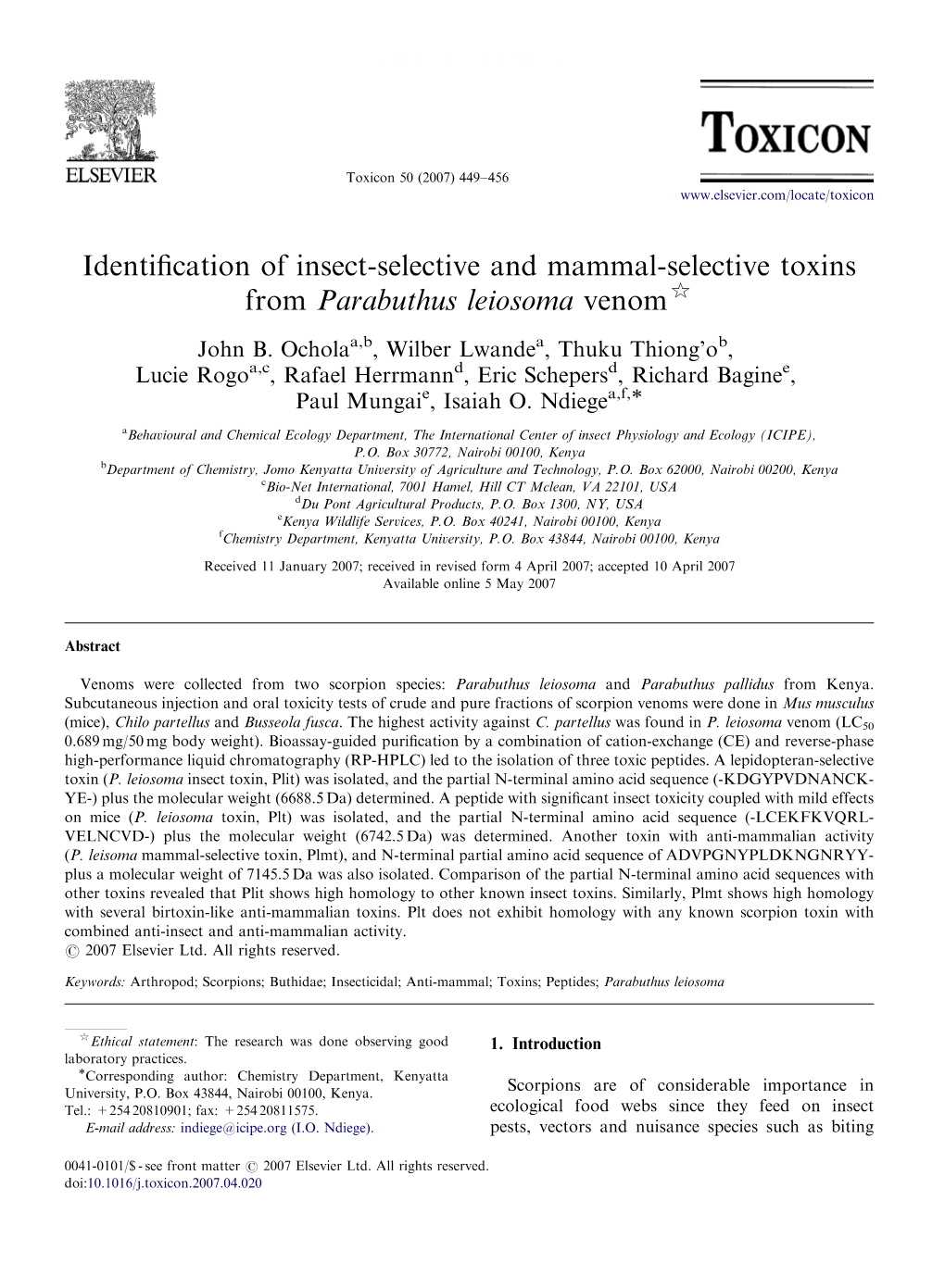 Identification of Insect-Selective and Mammal-Selective Toxins From