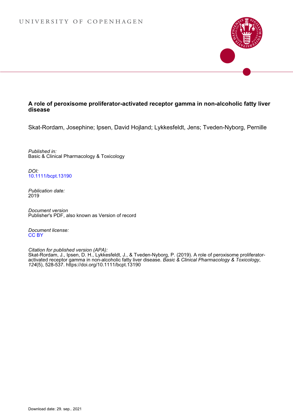 A Role of Peroxisome Proliferator‐Activated Receptor Γ in Non‐Alcoholic Fatty Liver Disease