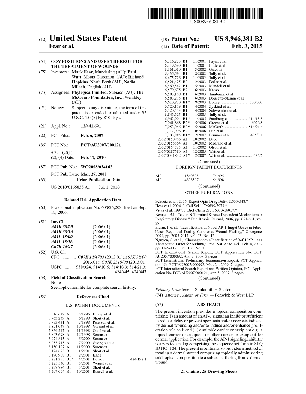 (12) United States Patent (10) Patent No.: US 8,946,381 B2 Fear Et Al