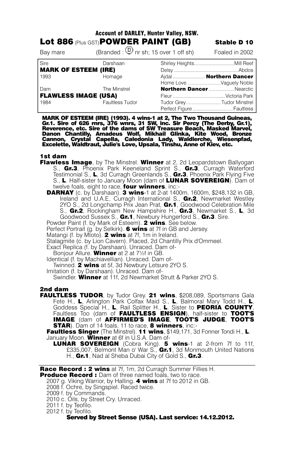 POWDER PAINT (GB) Stable D 10 Bay Mare (Branded : Nr Sh; 15 Over 1 Off Sh) Foaled in 2002
