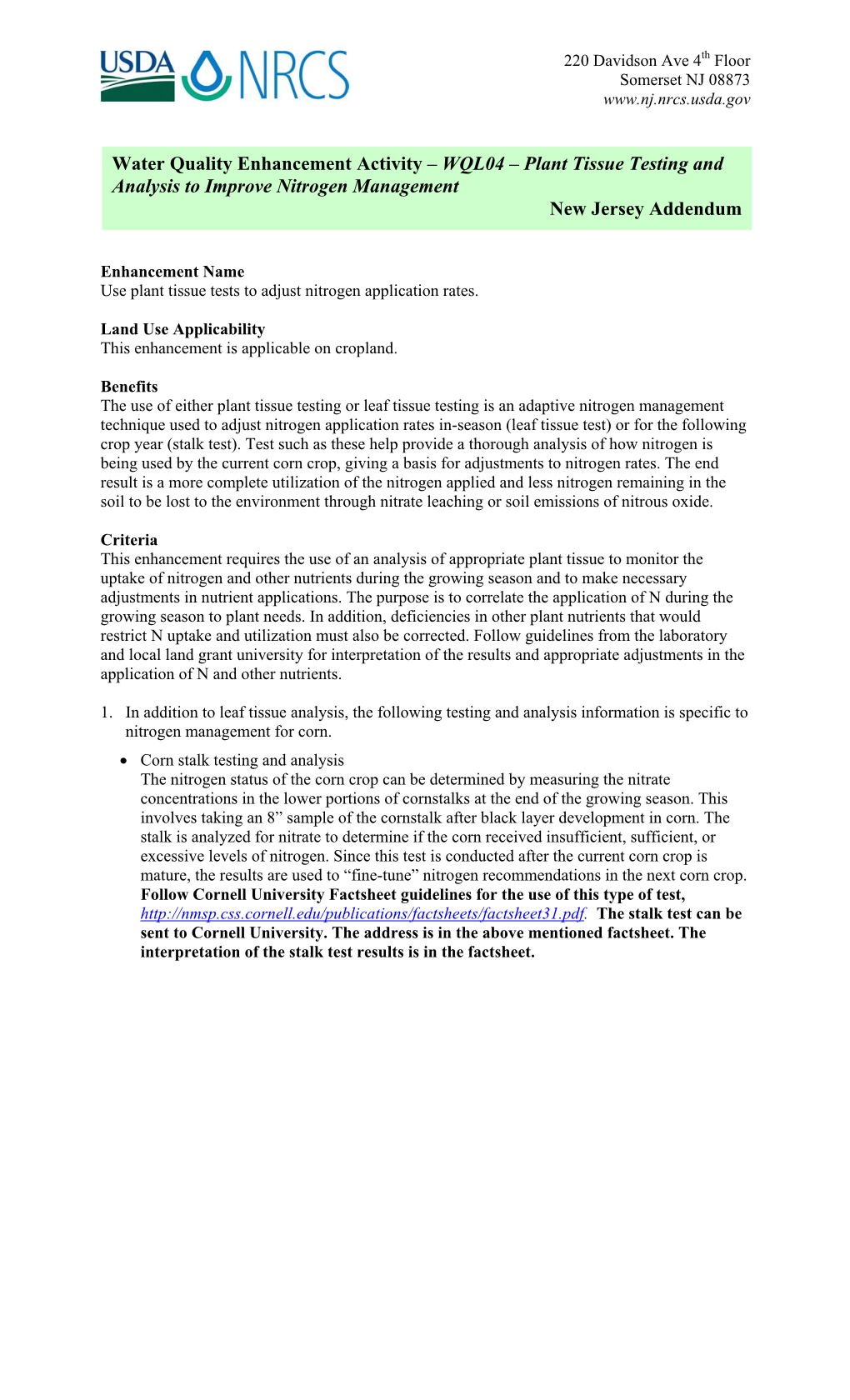 Plant Tissue Testing and Analysis to Improve Nitrogen Management New Jersey Addendum