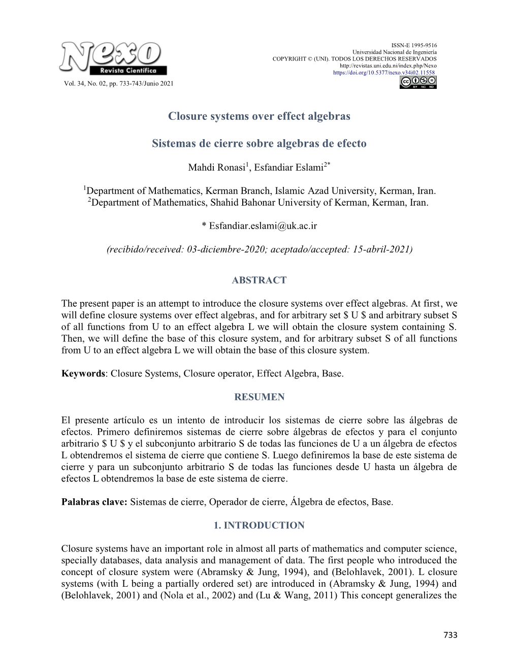 Closure Systems Over Effect Algebras Sistemas De Cierre Sobre Algebras