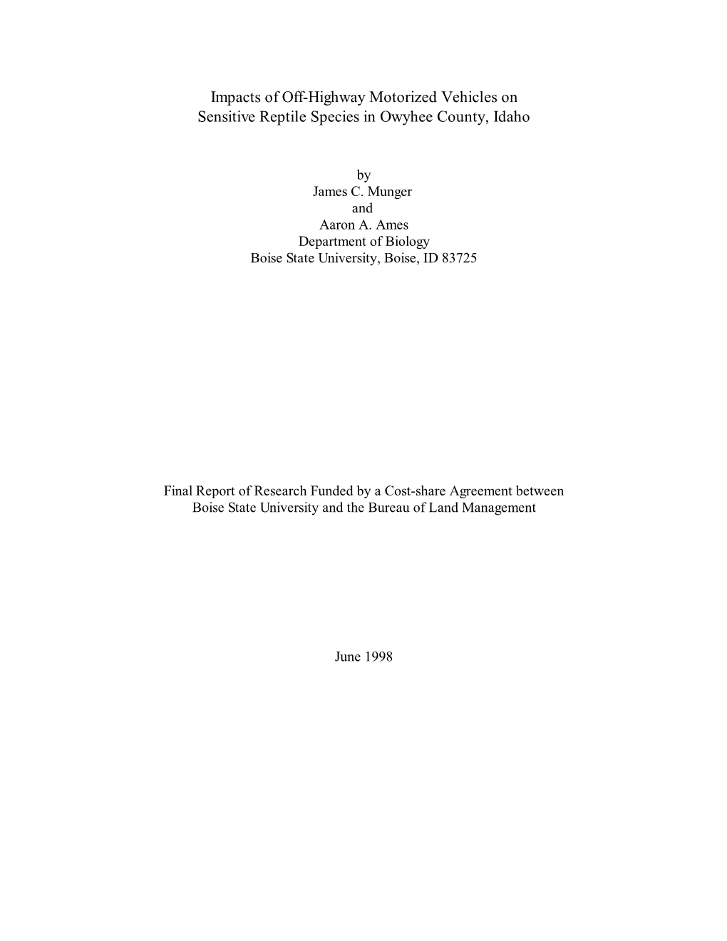 Impacts of Off-Highway Motorized Vehicles on Sensitive Reptile Species in Owyhee County, Idaho