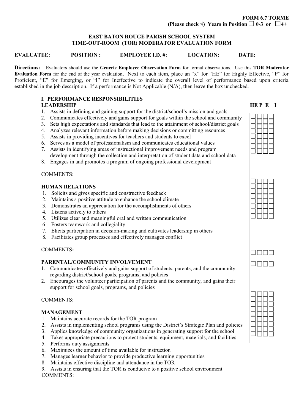 Time-Out-Room (Tor) Moderator Evaluation Form