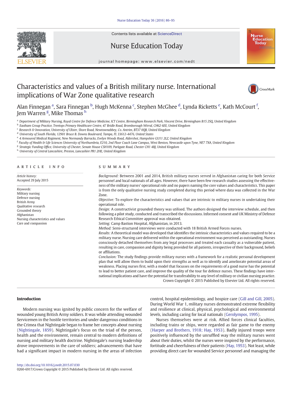 Characteristics and Values of a British Military Nurse. International Implications of War Zone Qualitative Research