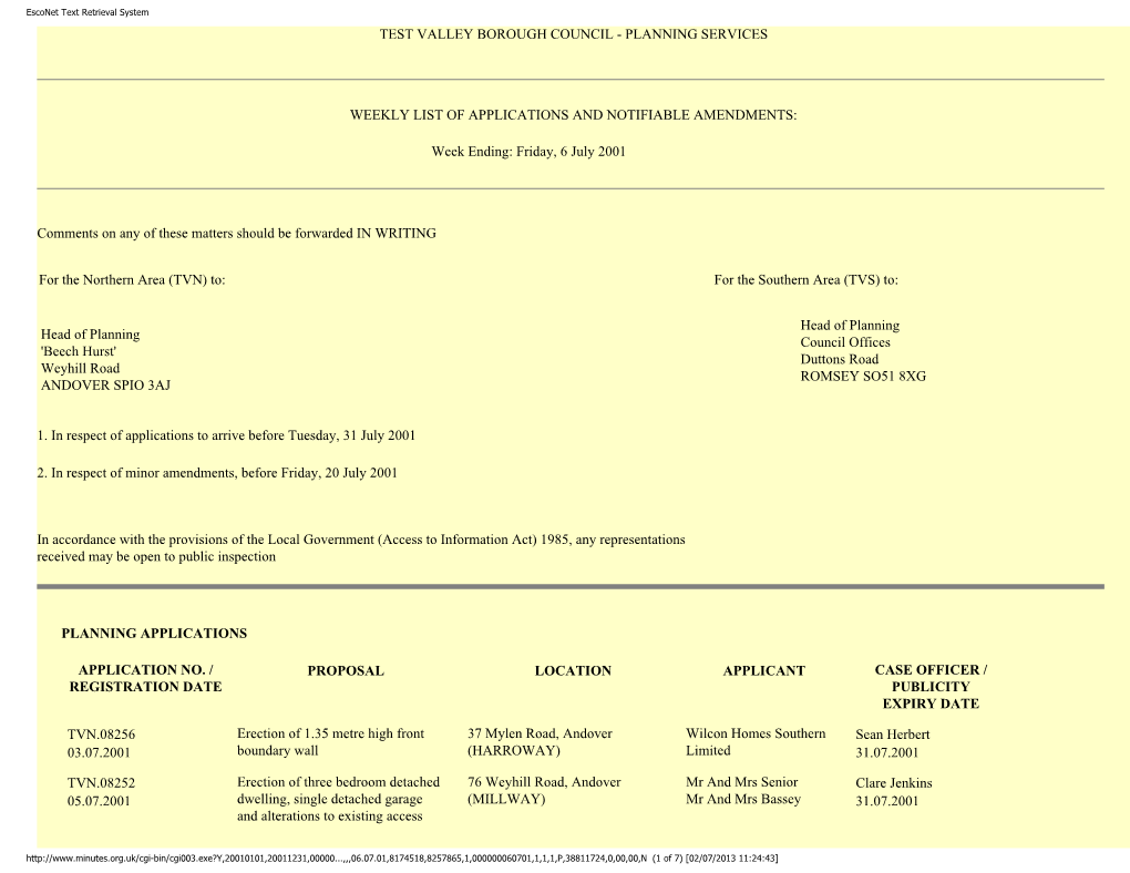 Esconet Text Retrieval System TEST VALLEY BOROUGH COUNCIL - PLANNING SERVICES