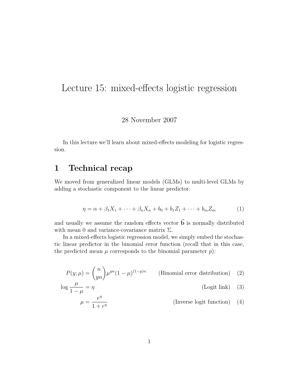 Lecture 15: Mixed-Effects Logistic Regression
