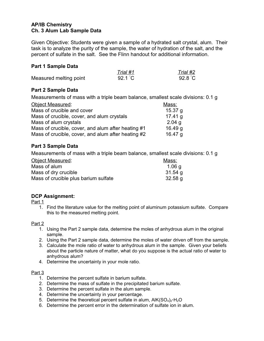 Part 1 Sample Data