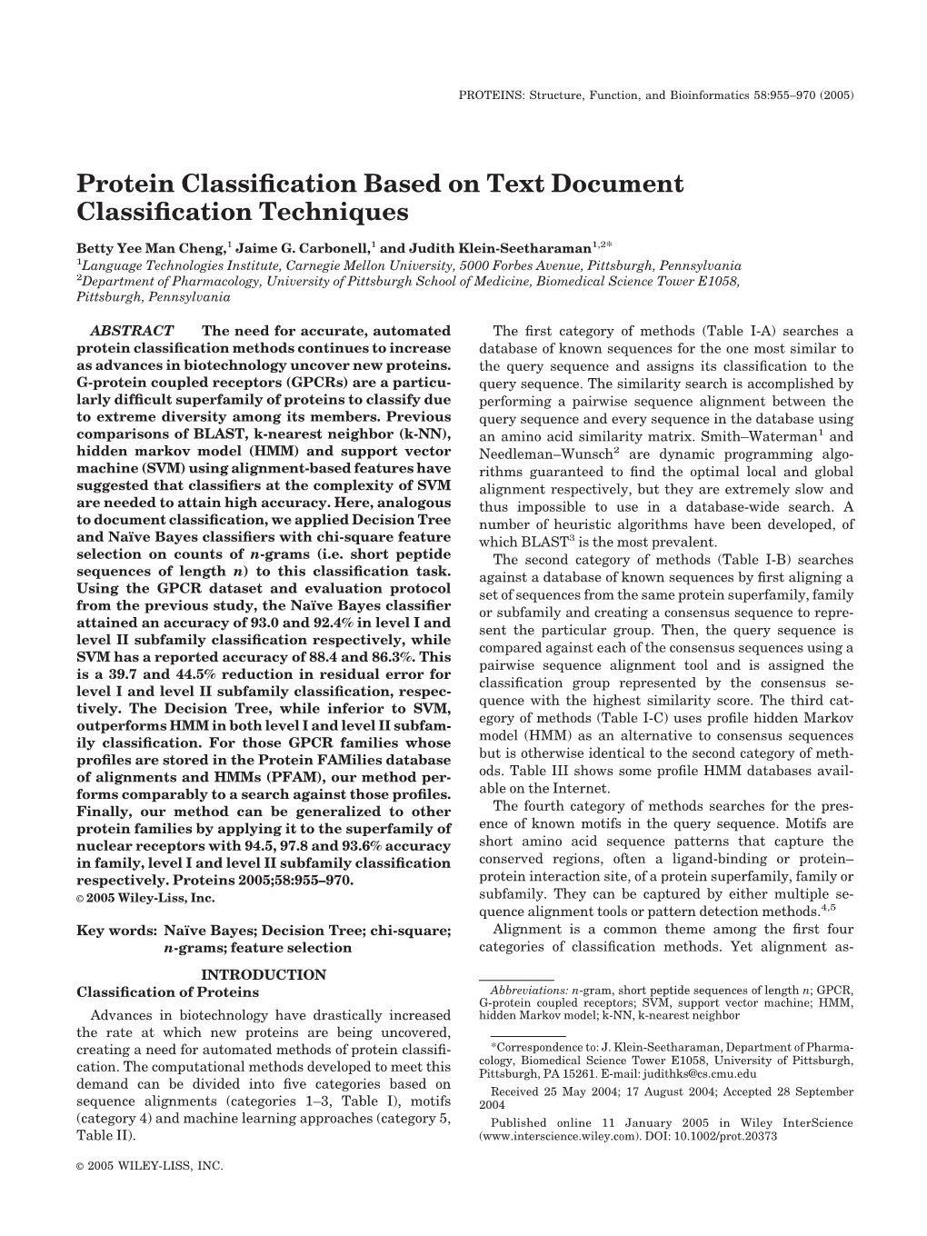 Protein Classification Based on Text Document Classification Techniques