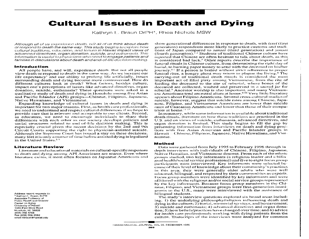 Cultural Issues in Death and Dying