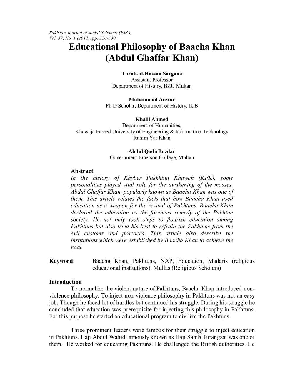 Educational Philosophy of Baacha Khan (Abdul Ghaffar Khan)