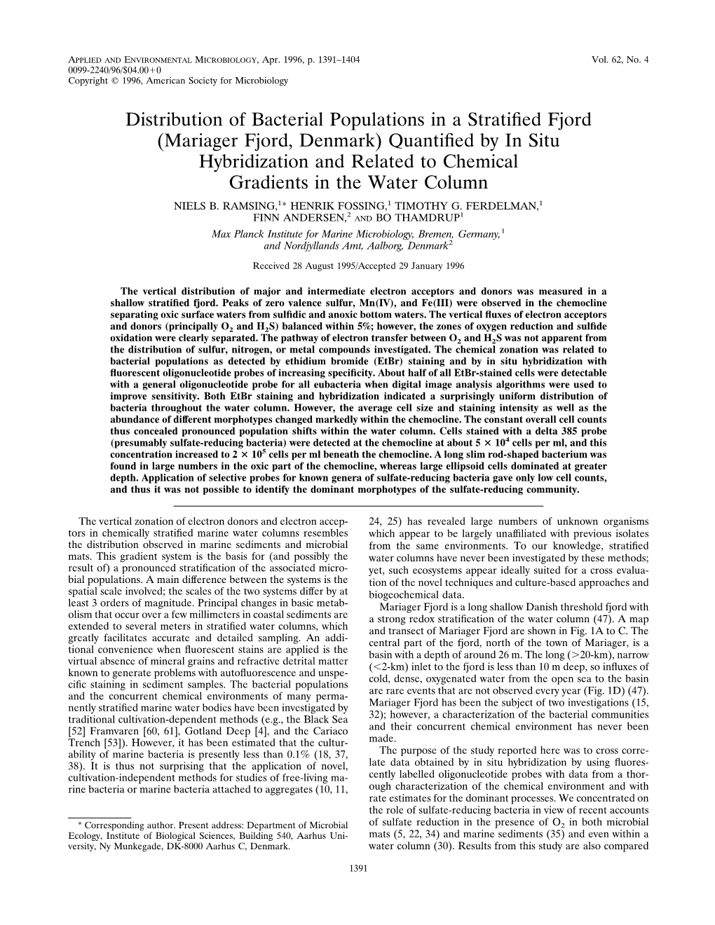 Distribution of Bacterial Populations in a Stratified Fjord