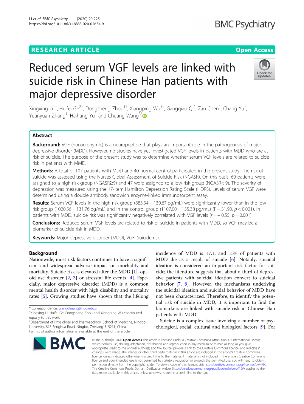 Reduced Serum VGF Levels Are Linked with Suicide Risk in Chinese Han
