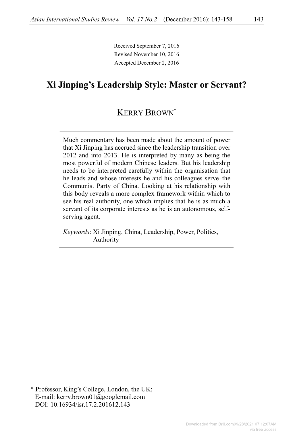 Downloaded from Brill.Com09/28/2021 07:12:07AM Via Free Access 144 Xi Jinping’S Leadership Style