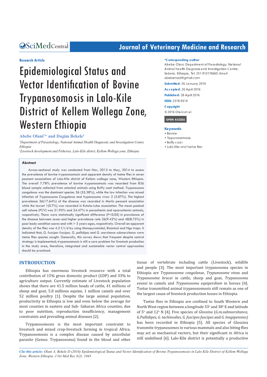 Epidemiological Status and Vector Identification of Bovine Trypanosomosis in Lalo-Kile District of Kellem Wollega Zone, Western Ethiopia