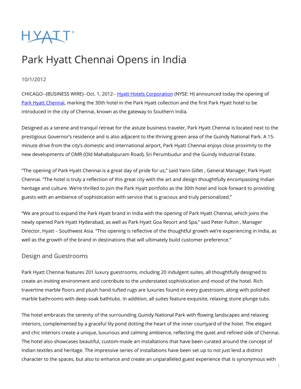 Park Hyatt Chennai Opens in India